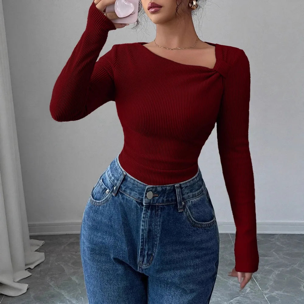 2025 Fall Winter New Fashion Women's Tops Asymmetrical Pleated Simple T-Shirt Y2k Clothing
