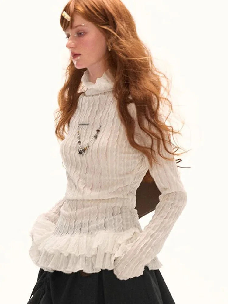 Sweet Ruffles Vintage Slim T Shirt Women Long Sleeve Casual Spring Turtleneck Y2K Tees American Retro Harajuku Female White Tops