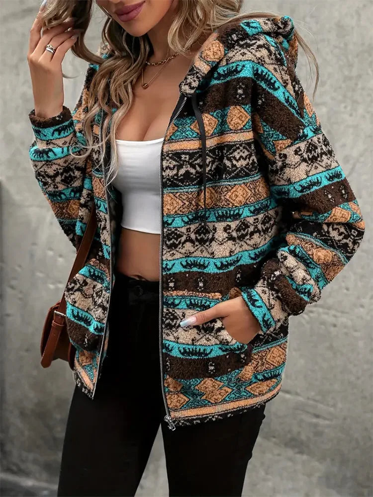 Women's Boho Ethnic Sherpa Hooded Jacket Retro Aztec Print Soft Fleece Lined Zip Up Fall Winter Streetwear Warm Outerwear