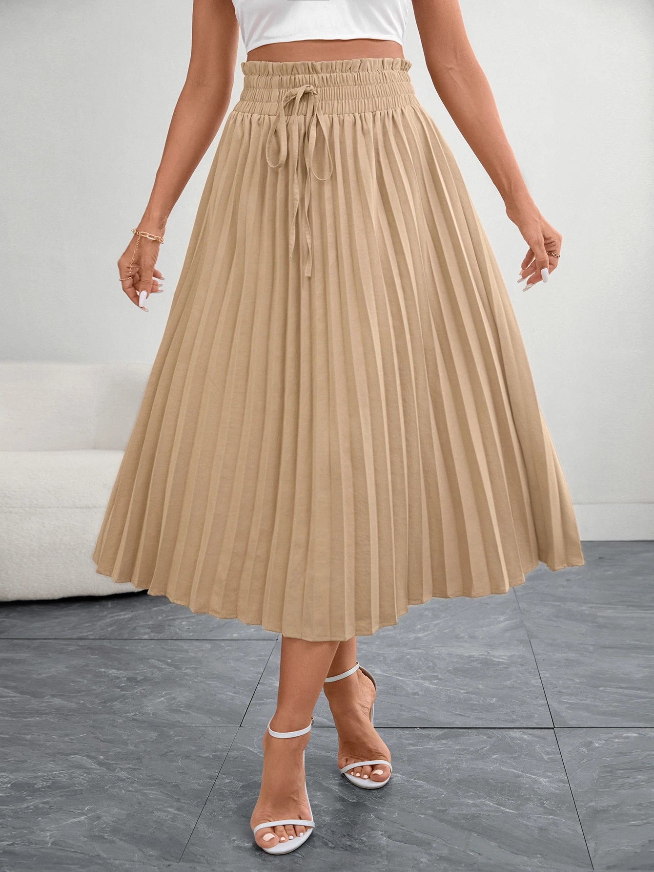 Women's Beige Pleated Midi Skirt Elegant a Line Half Skirt with Elastic Waistband Perfect for Office Wear