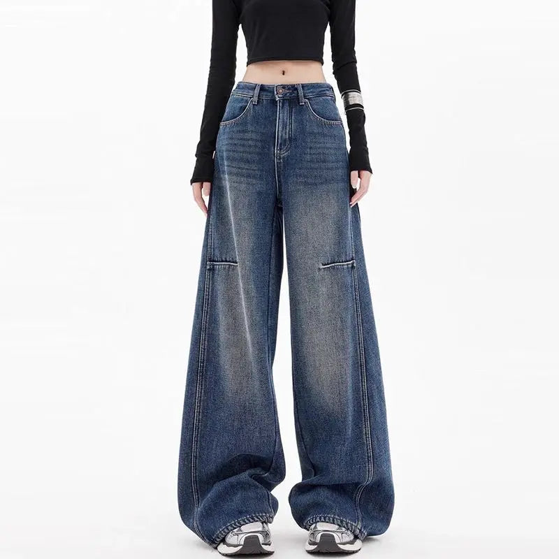 Female Student Casual Blue Jeans Wide-Leg Pants Loose Drape Straight-Leg Trousers Spring Autumn Floor Pants Fashion Streetwear