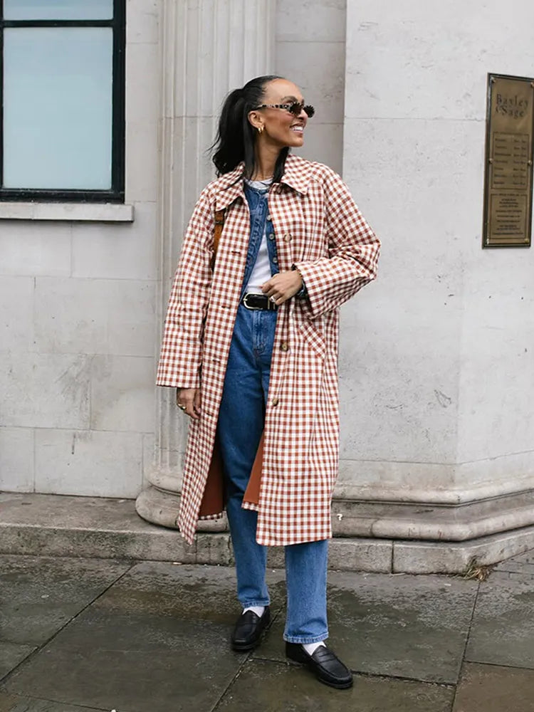 Female Plaid Long Windbreaker Fashion Chic Lapel Single Breasted Pocket Loose Jackets Lady New Daily Commuting Street Outerwear