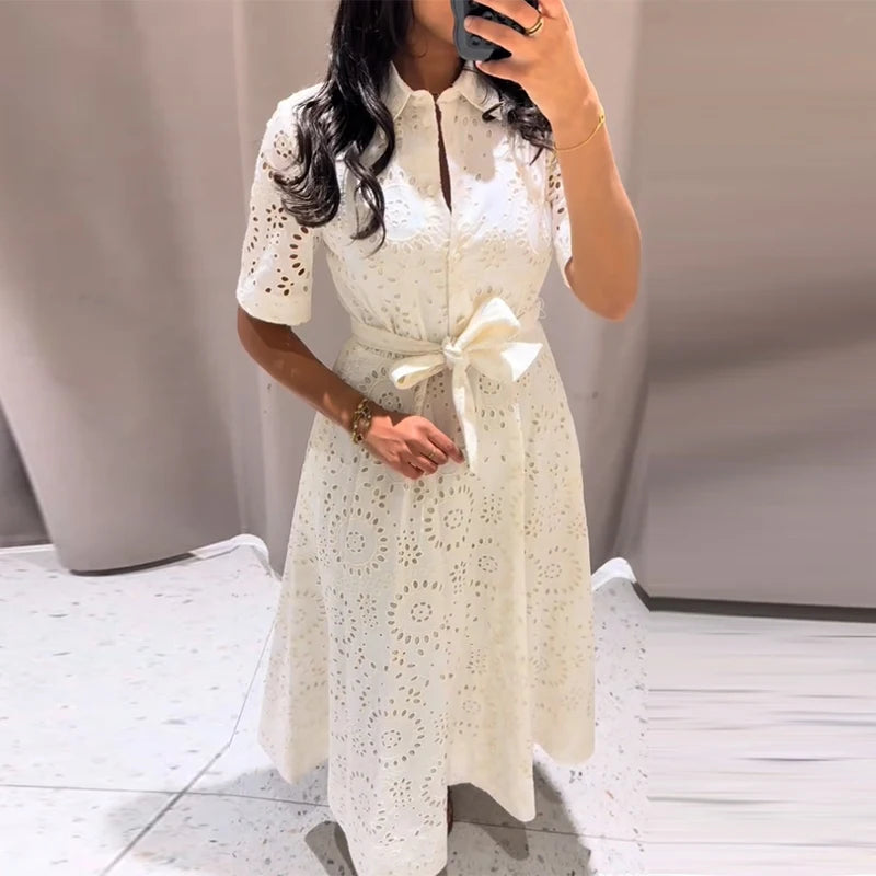 Elegant Embroidered Lapel Hollow Dress Women Fashionable Short Sleeve Belt High Waist Maxi Dresses Female Summer Chic Casual
