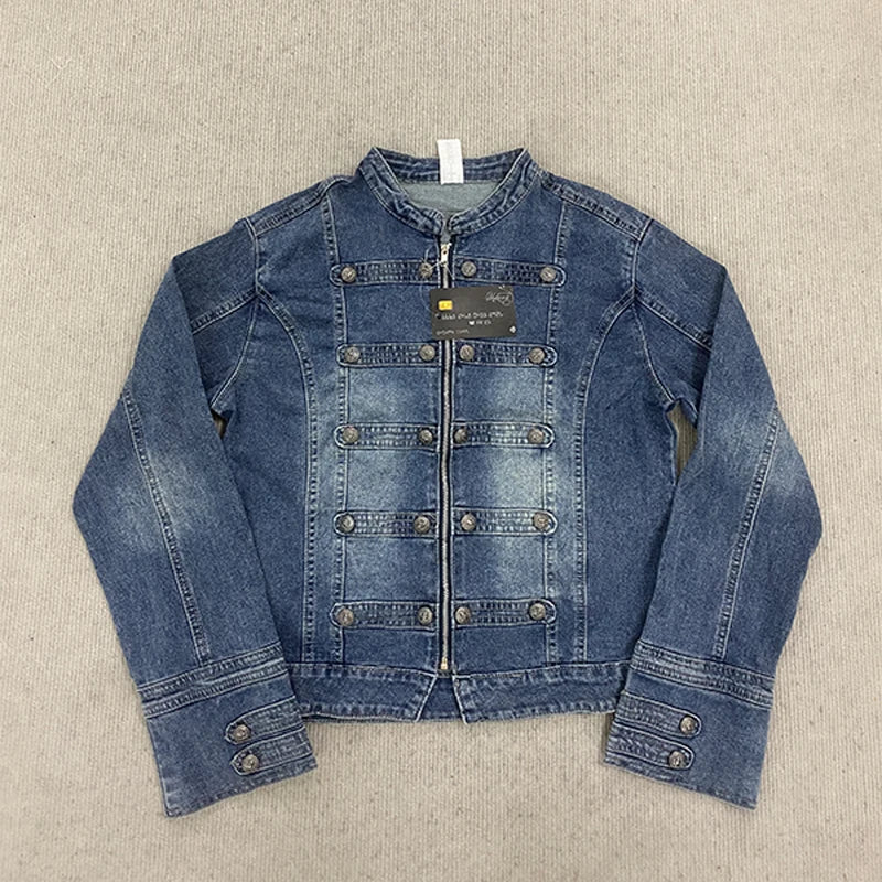 Retro Military Style Handsome Stand Collar Denim Jackets Female Double-breasted Wild Slim Short Denim Jackets Women Outerwear