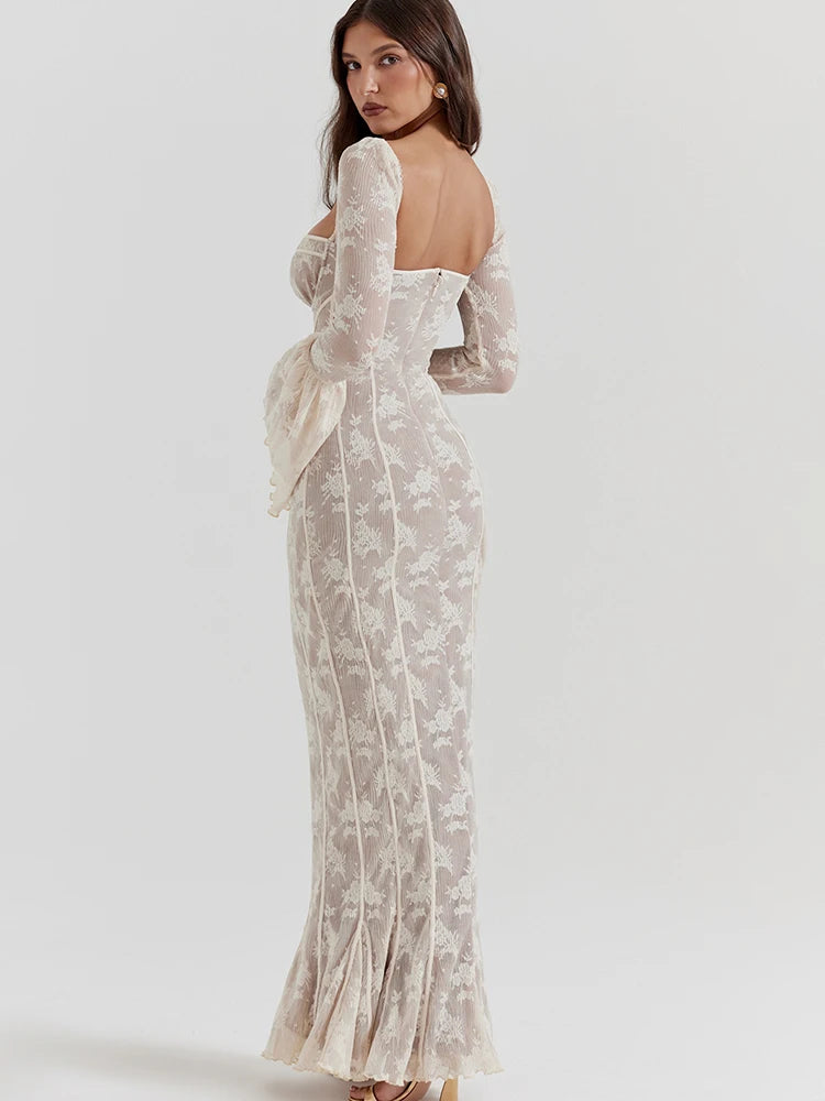 Fantoye Sexy Square Collar Maxi Dress For Women Black Long Sleeve Lace Up Dress Female Autumn Skinny Elegant Party Club Outfits