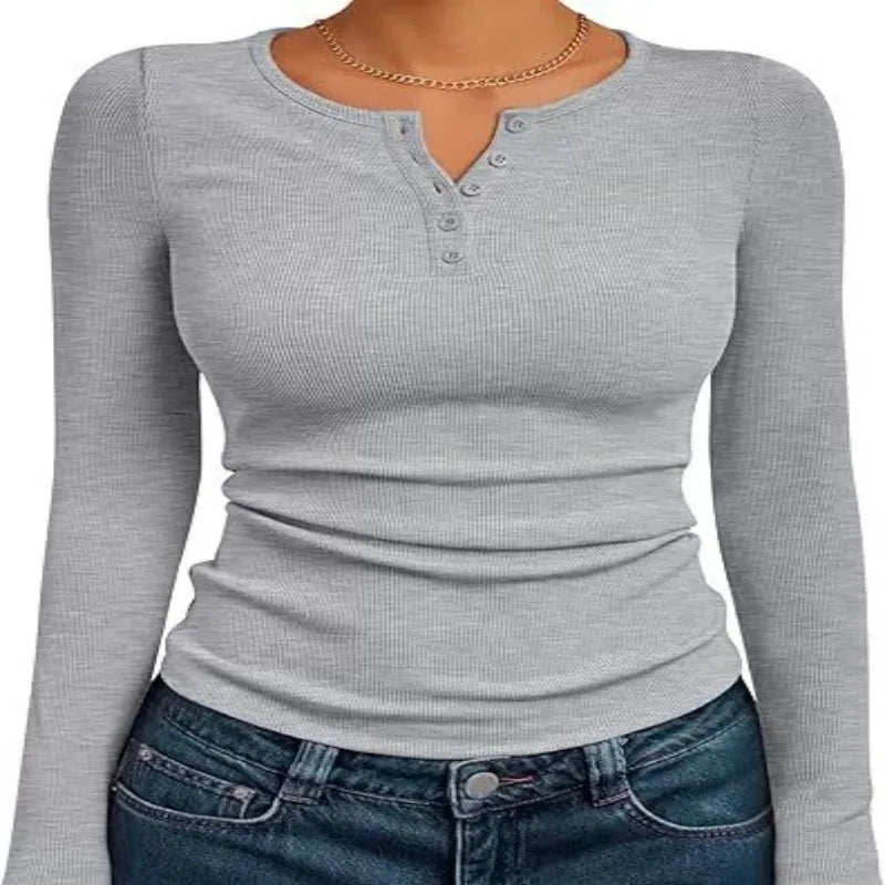 Women Fall Spring Top O Neck Button Long Sleeve Shirts Solid Color Slim Fit Pullover T-shirt Blouse Simple Style Lady Costume