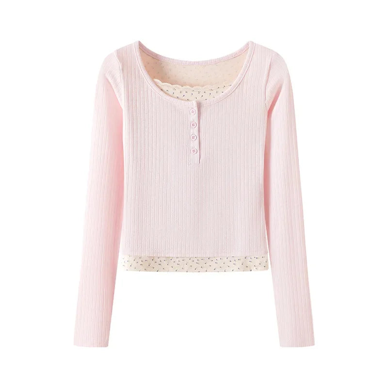 New Women's Long Sleeve T-shirt U Collar Spring and Autumn Slim Top French Style Women's Wear with Fake Two Lace Edge Y2k Top