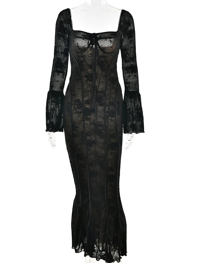 Fantoye Sexy Square Collar Maxi Dress For Women Black Long Sleeve Lace Up Dress Female Autumn Skinny Elegant Party Club Outfits