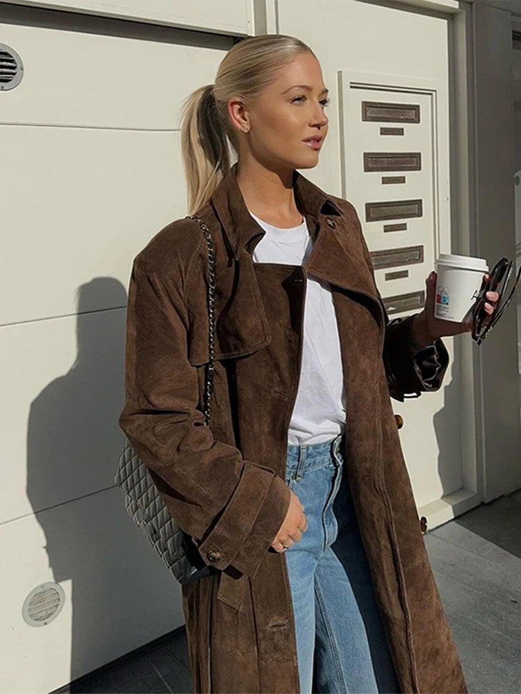 Casual Autumn Suede Women Long Coat Elegant Turn-down Collar Lace Up Long Sleeve Female Split Jacket Fashion Lady Office Outwear