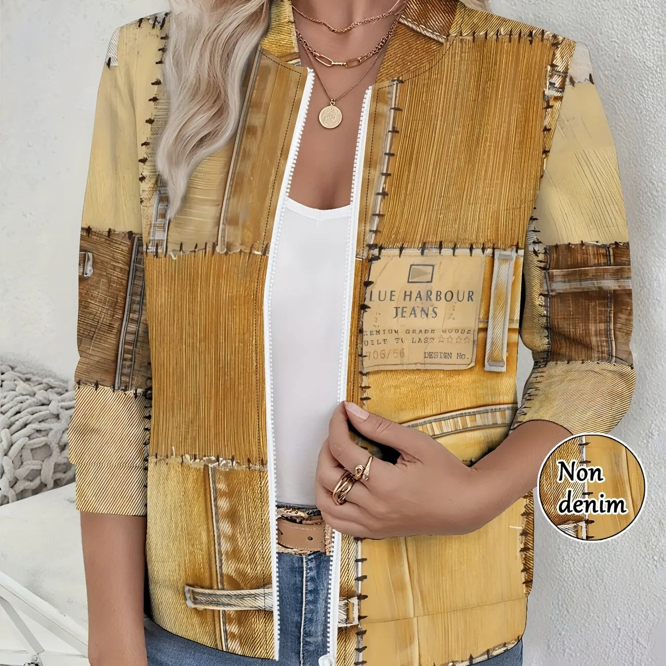 2025 Fashion Women's Faux Denim Jacket, Elegant Patchwork Print, Casual Party Wear, Vintage Inspired Design Not Denim