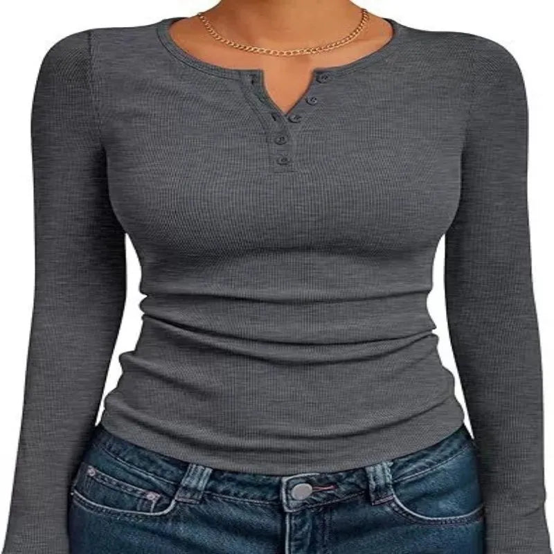 Women Fall Spring Top O Neck Button Long Sleeve Shirts Solid Color Slim Fit Pullover T-shirt Blouse Simple Style Lady Costume