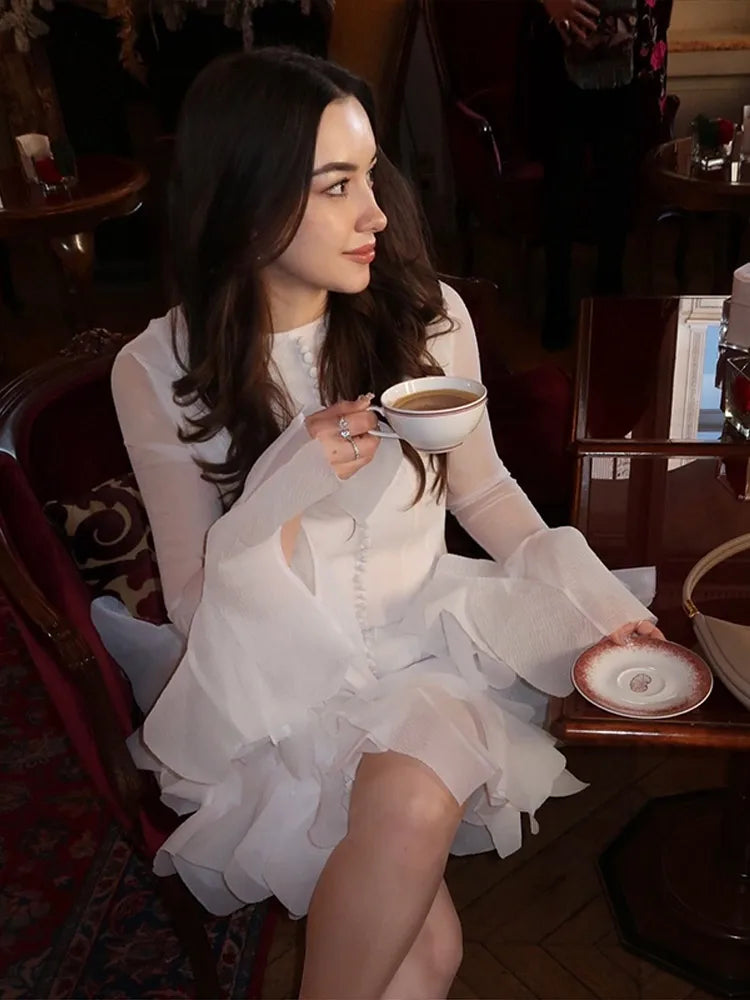 Puffy Flared Long Sleeve Dress Waist Cinched Round Neck Big Skirt Hem Party Gown French Slim Fit Fairy Short Dresses Summer New