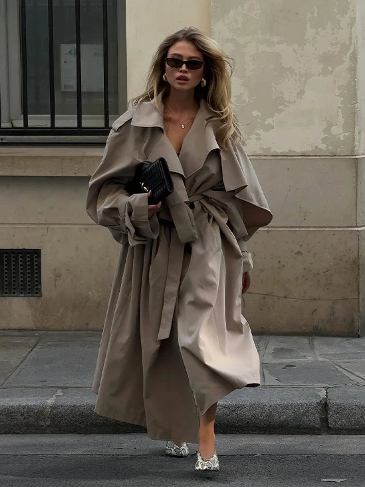 Women Lace Up Shawl Sleeve Windbreaker Fashion Solid Lapel Single Breasted Loose Trench Coat 2025 Autumn Lady Commuter Outwear