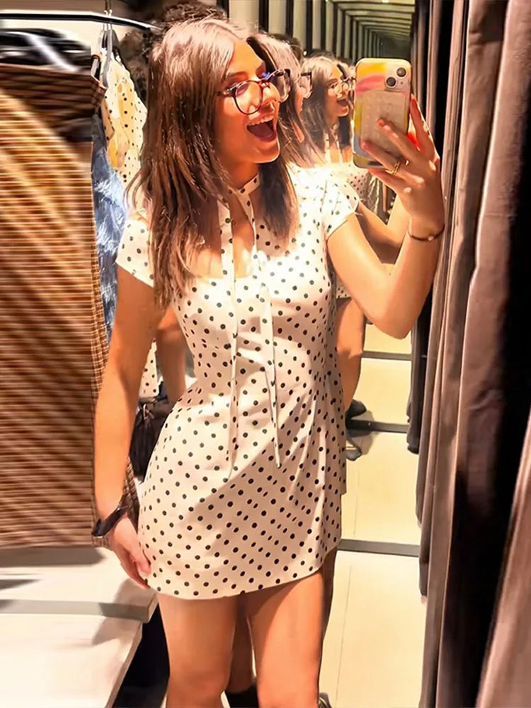 Fashion Polka Dot Mini Dress For Women Elegant Bow Tie Neck Short Sleeve Waist Slim Dress Lady 2026 Spring Summer Chic Vestidos