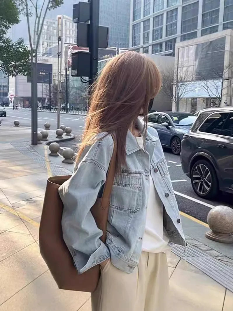 30/5000 Spring and Autumn Women Thin Korean Loose Short Long-sleeved Jacket European Washed Cotton Retro Denim Jacket for Women