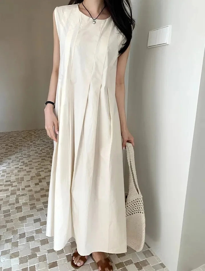 Chic round Ne Pleated Svel Women's Dr High Waist Slimming Midi Skirt Summer Faion Korean Sle Gown