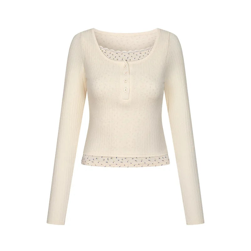 New Women's Long Sleeve T-shirt U Collar Spring and Autumn Slim Top French Style Women's Wear with Fake Two Lace Edge Y2k Top