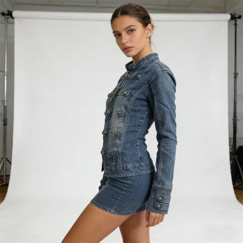 Retro Military Style Handsome Stand Collar Denim Jackets Female Double-breasted Wild Slim Short Denim Jackets Women Outerwear