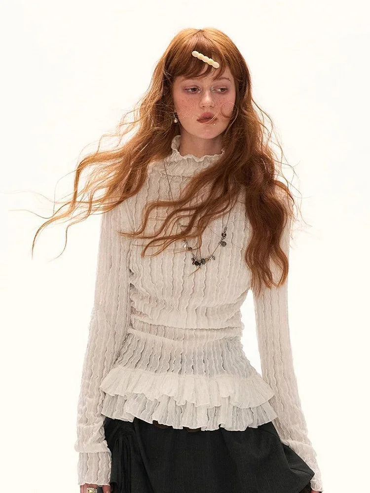 Sweet Ruffles Vintage Slim T Shirt Women Long Sleeve Casual Spring Turtleneck Y2K Tees American Retro Harajuku Female White Tops