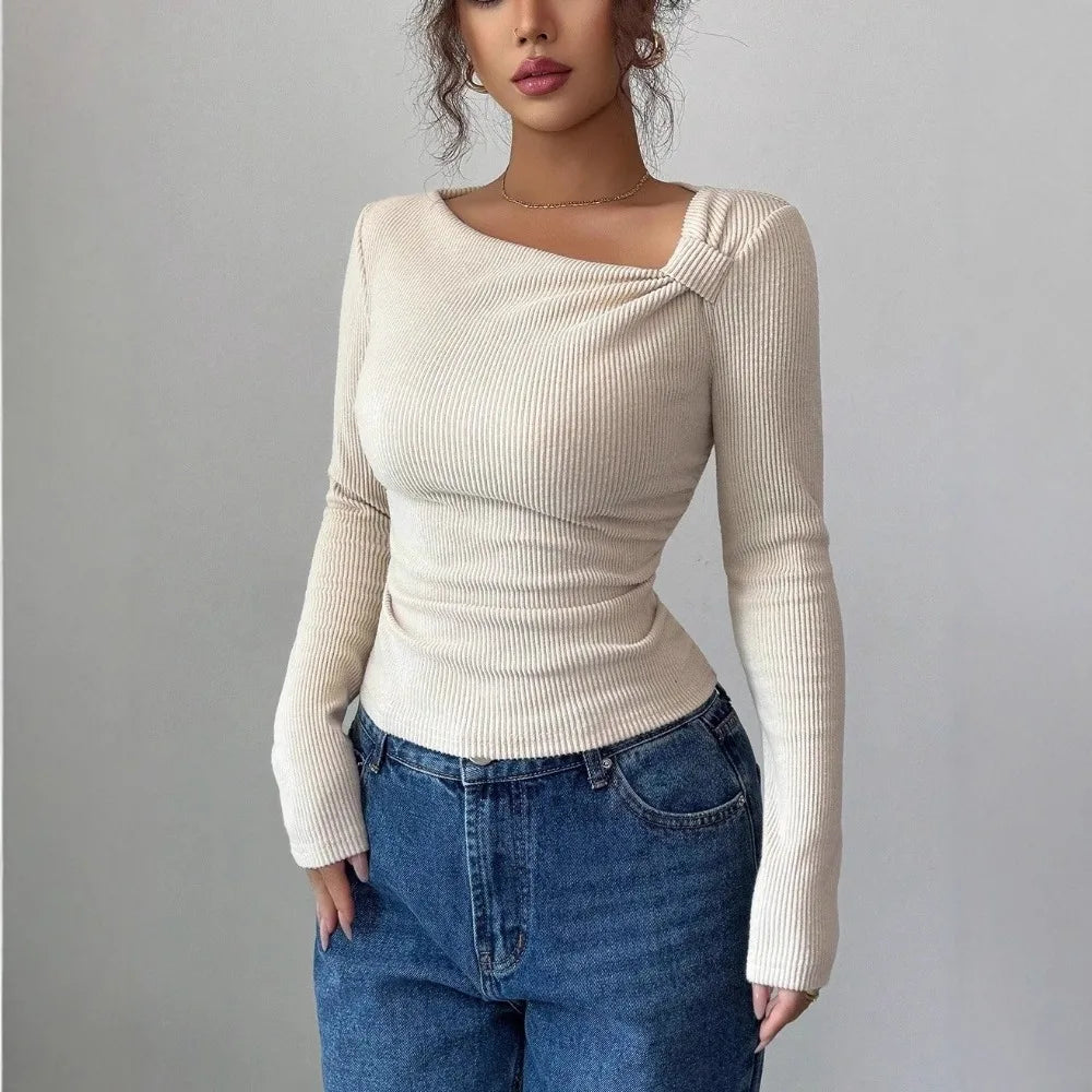 2025 Fall Winter New Fashion Women's Tops Asymmetrical Pleated Simple T-Shirt Y2k Clothing