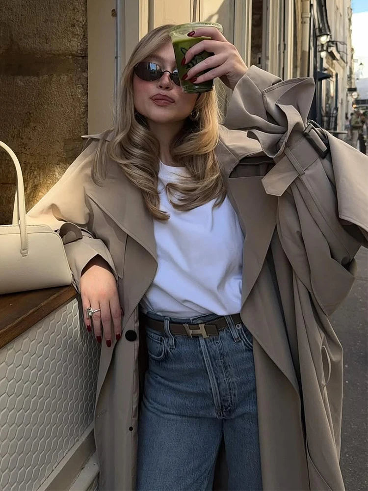 Women Lace Up Shawl Sleeve Windbreaker Fashion Solid Lapel Single Breasted Loose Trench Coat 2025 Autumn Lady Commuter Outwear