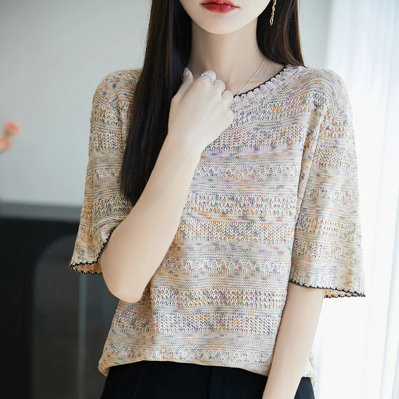 Women's Knit V-neck T-shirt Summer New Cotton Color blocked O-neck Sweater Short Sleeve Korean Loose Top Fashion Luxury Pullover