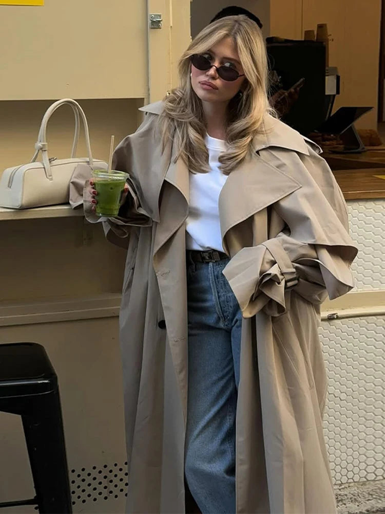 Women Lace Up Shawl Sleeve Windbreaker Fashion Solid Lapel Single Breasted Loose Trench Coat 2025 Autumn Lady Commuter Outwear