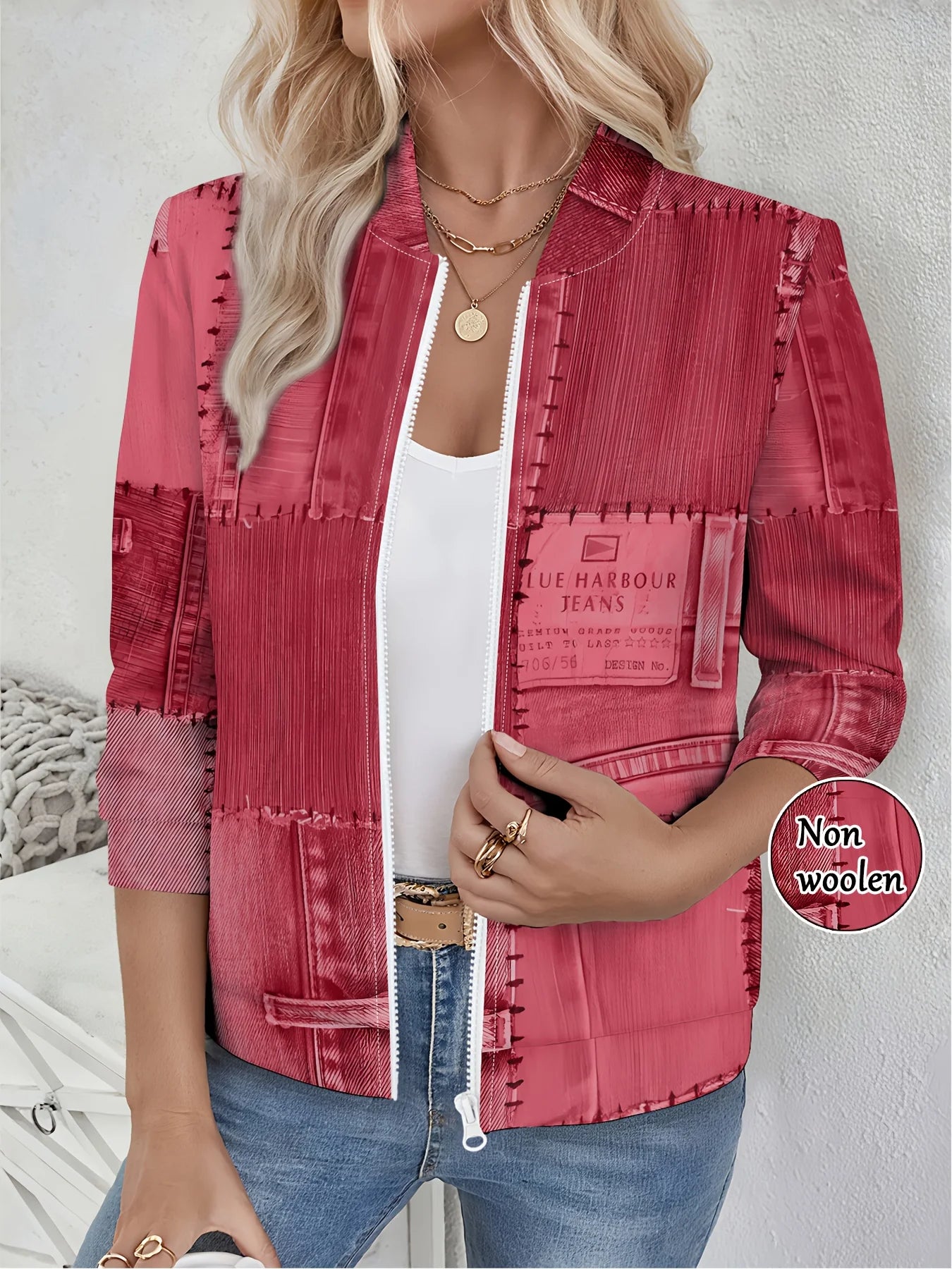 2025 Fashion Women's Faux Denim Jacket, Elegant Patchwork Print, Casual Party Wear, Vintage Inspired Design Not Denim