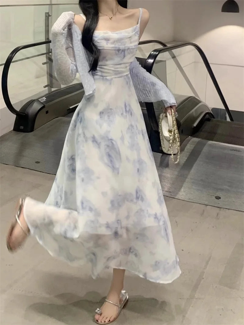 Summer Floral Print Chiffon ter Dr Set Women's Knitted Open Cardigan Outerwear Two-Piece Suit Korean Sle A-Line Skirt