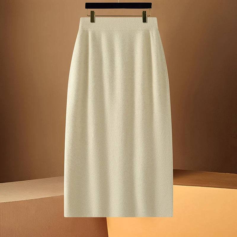 DjzDsm Spring and Autumn New Women's 100% Merino Wool Half Skirt High Waist Elastic Hip Wrap Skirt One Step Wool Knitted Skirt