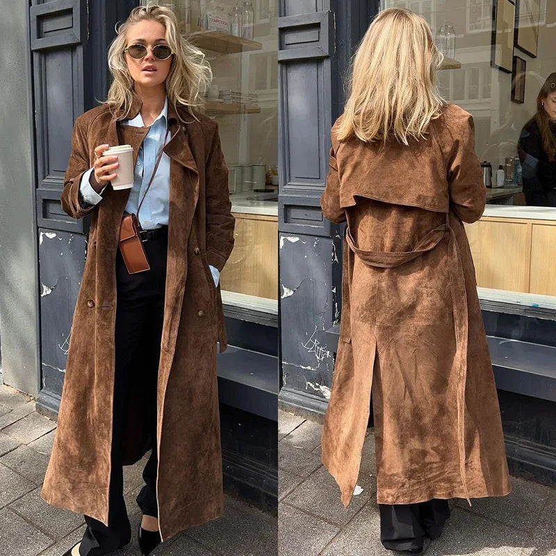 Casual Autumn Suede Women Long Coat Elegant Turn-down Collar Lace Up Long Sleeve Female Split Jacket Fashion Lady Office Outwear