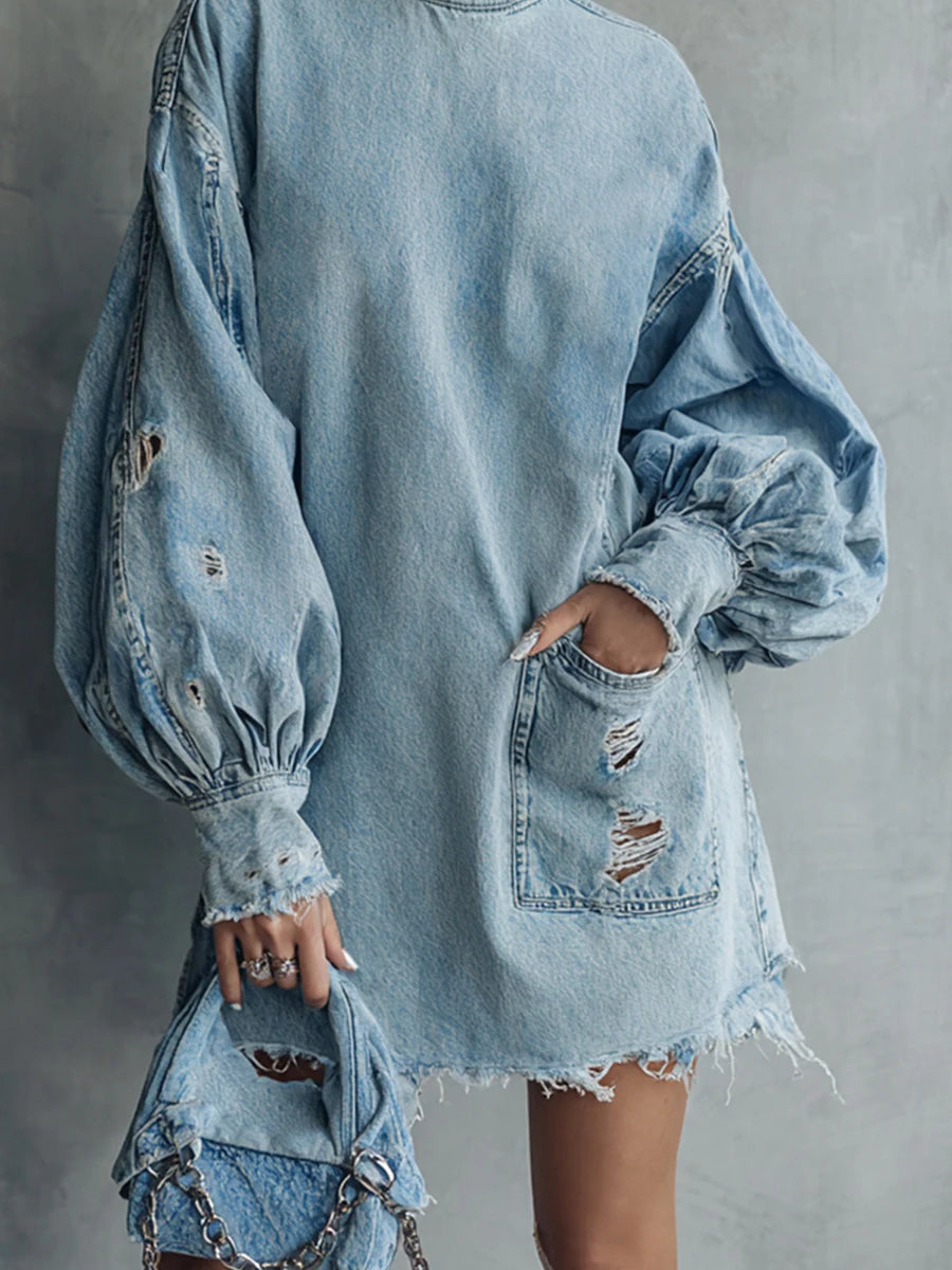Vintage Blue Denim Mini Dress High Collar Lantern Sleeve Ripped Trimmings Long Sleeve Retro Chic Women's Fashion