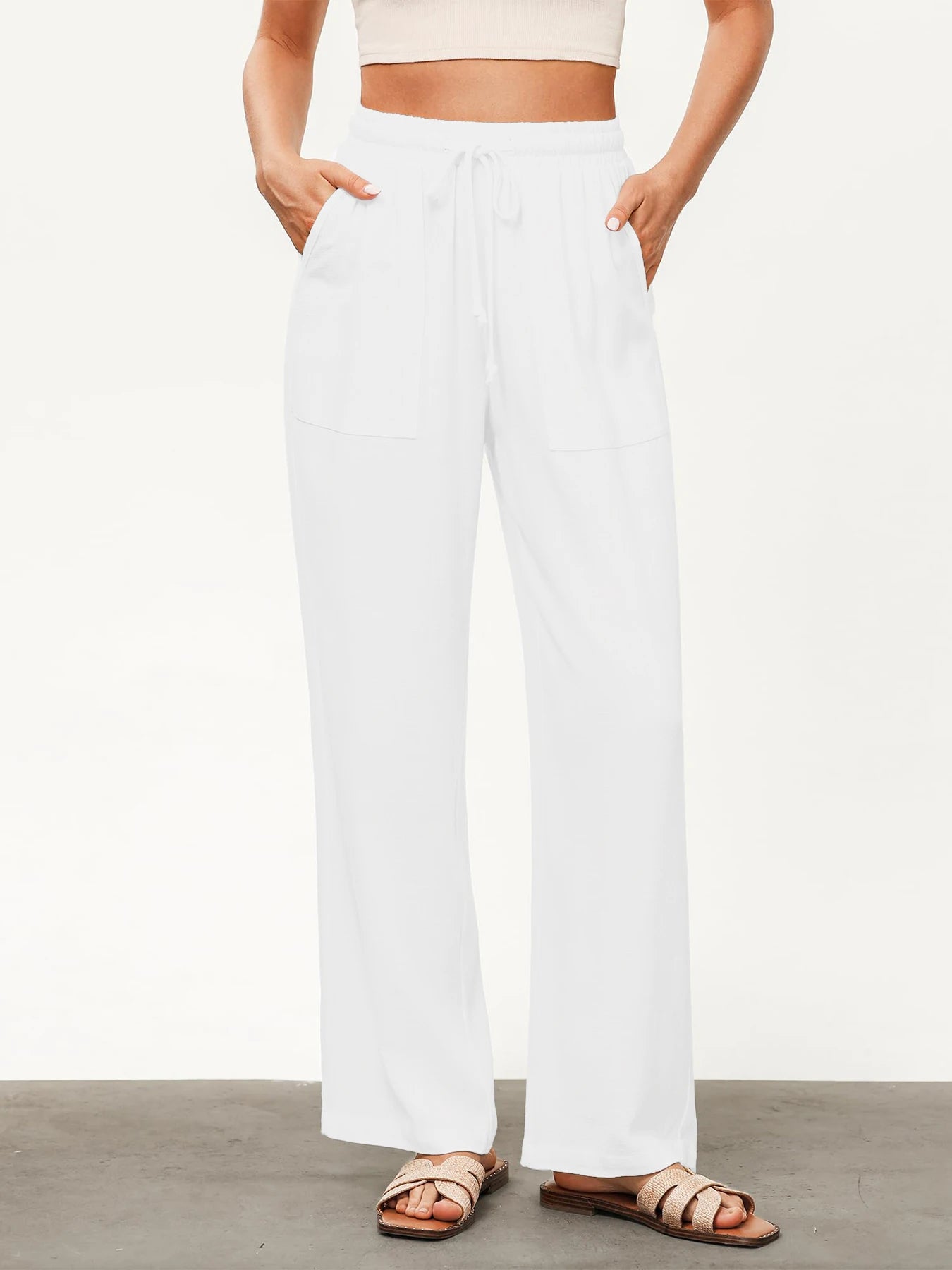 Women's Solid Color Loose Wide Leg Pants Casual Drawstring Straight Pants Pocket Casual Pants Trousers Loose High Waisted Pants