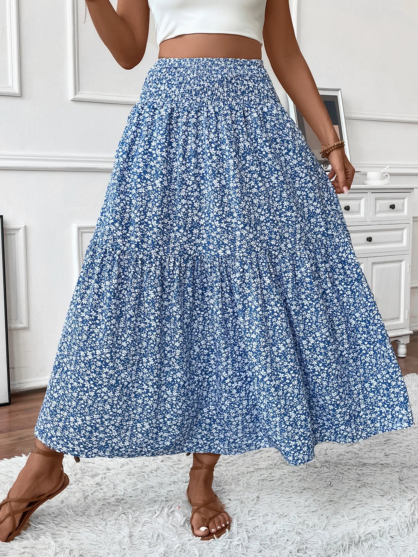 Women's High Waisted Floral Tiered Maxi Skirt Elegant A-Line Flowy Long Skirt with Elastic Waist Perfect for Summer Wear
