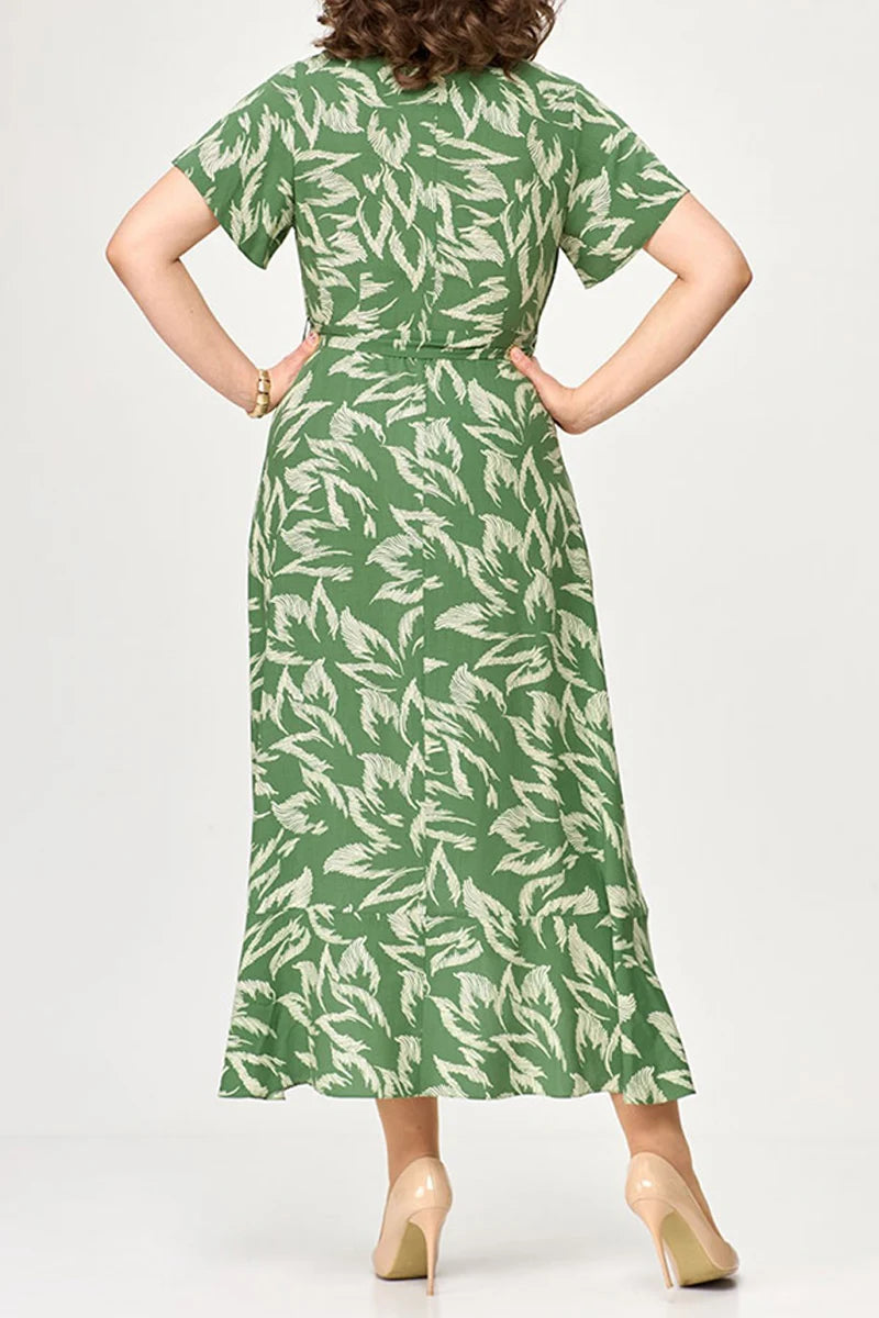Flycurvy Plus Size Mother Of The Bride Green Chiffon Plant Print Lace-Up Crossover Hem Tunic Tea-Length Dress
