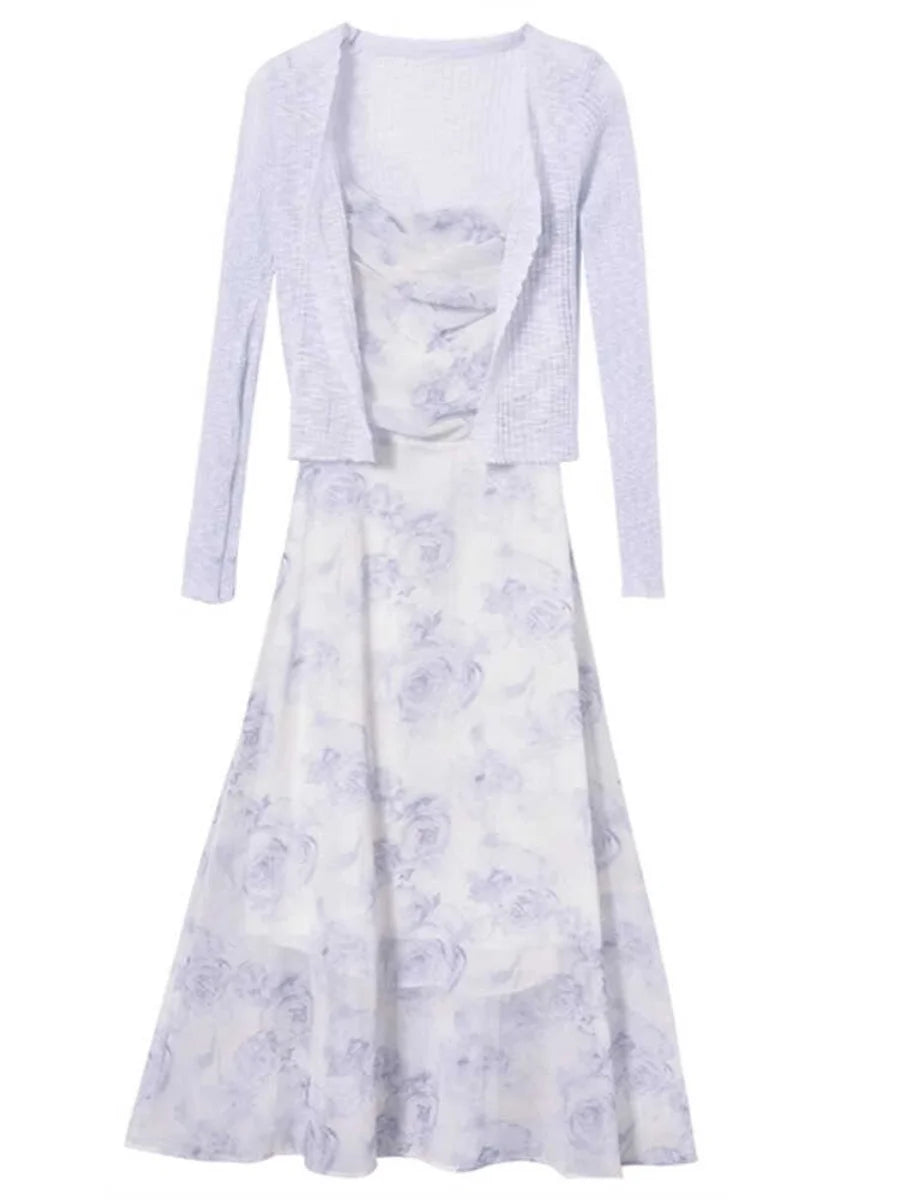 Summer Floral Print Chiffon ter Dr Set Women's Knitted Open Cardigan Outerwear Two-Piece Suit Korean Sle A-Line Skirt