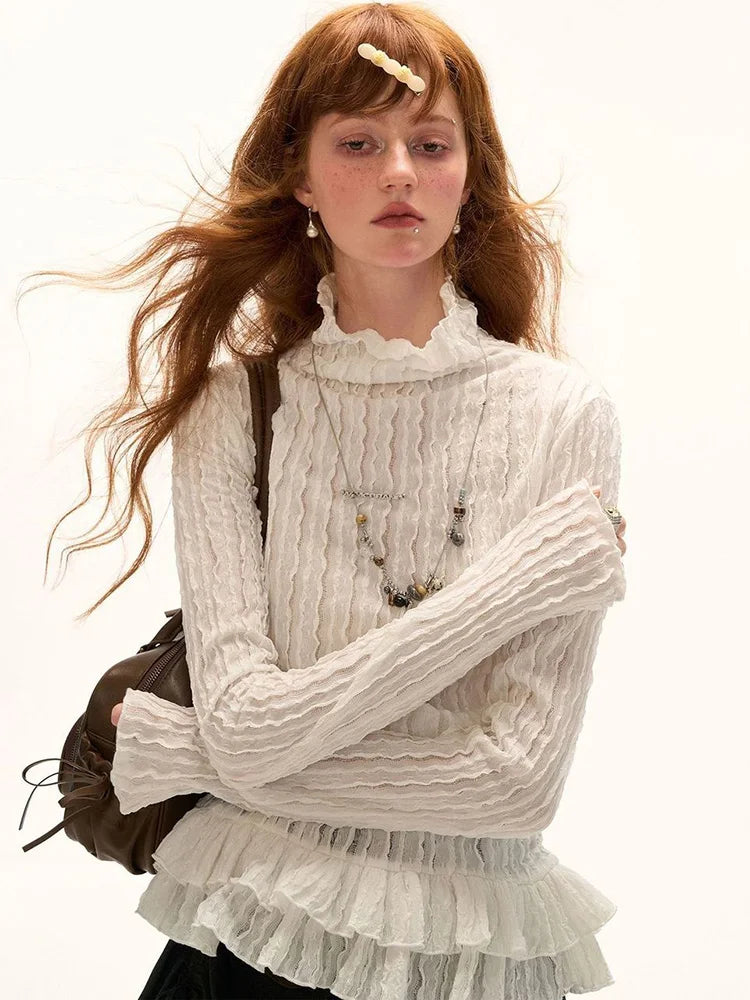 Sweet Ruffles Vintage Slim T Shirt Women Long Sleeve Casual Spring Turtleneck Y2K Tees American Retro Harajuku Female White Tops