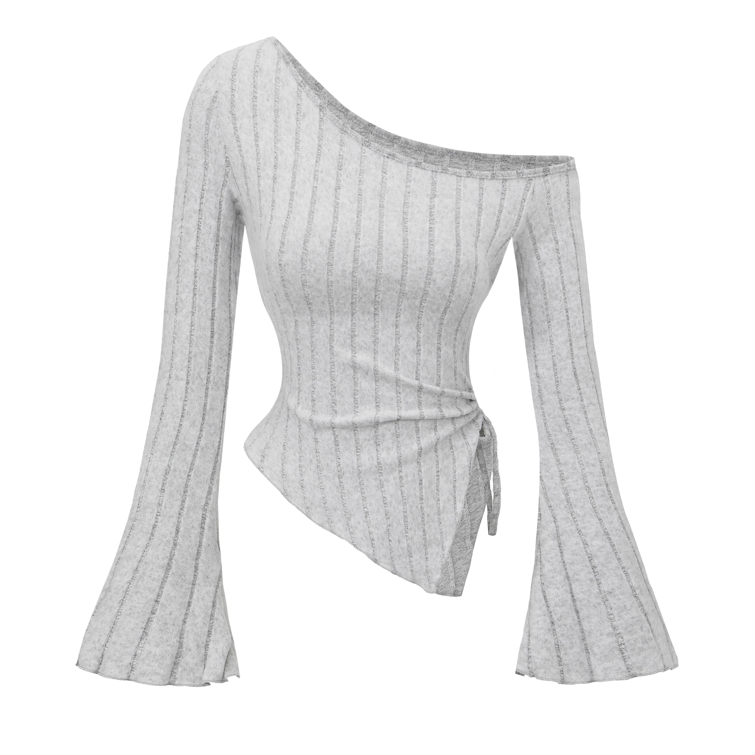 women's New off shoulder cross long sleeved slim fit casual street style asymmetrical elegant T-shirt trumpet sleeve top