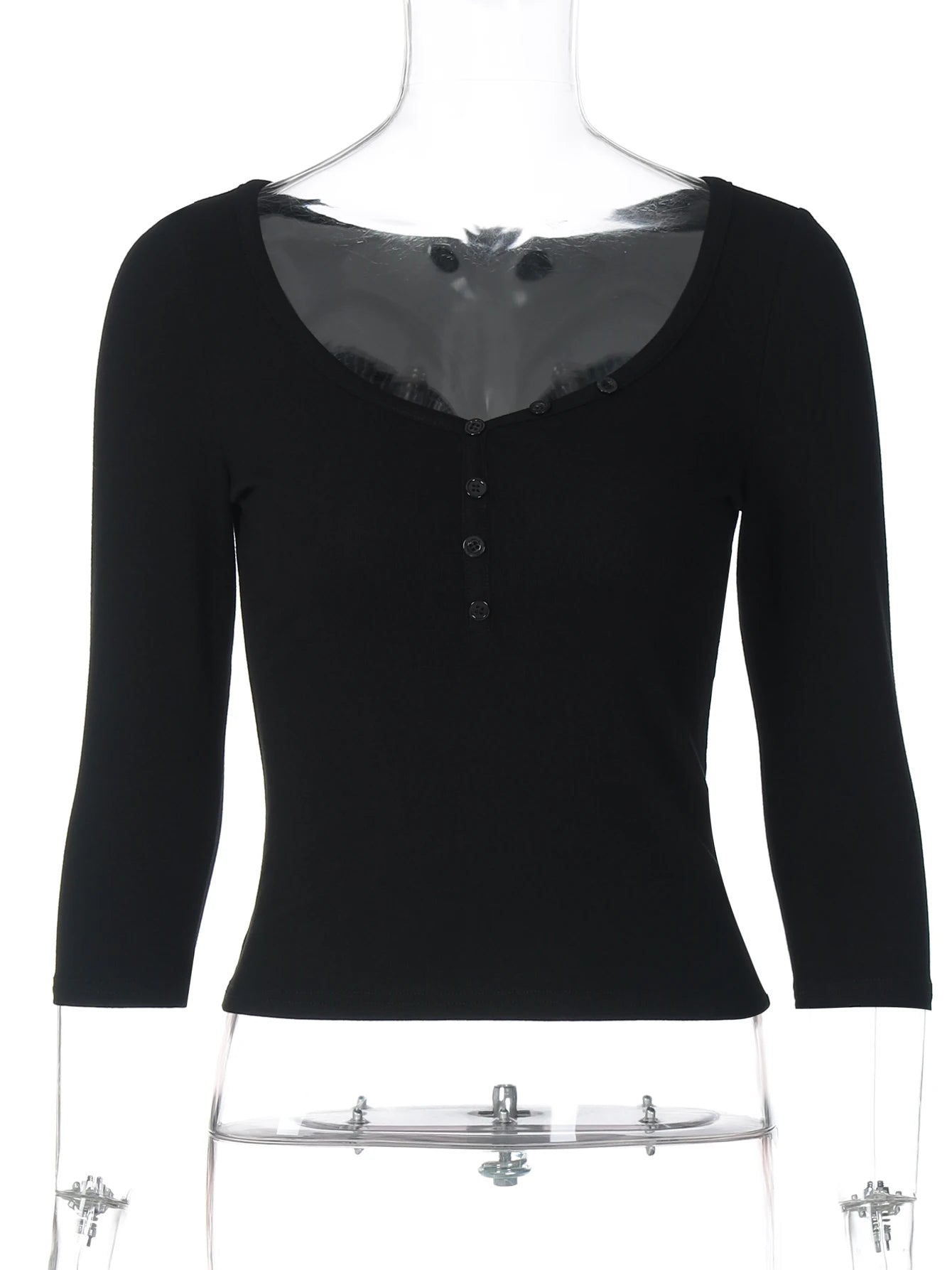 Hugcitar Fashion Pure Color O Neck Three Quarter Sleeve Buttons Women'S Blouse Shirt Women Casual Tops Streetwear Festival