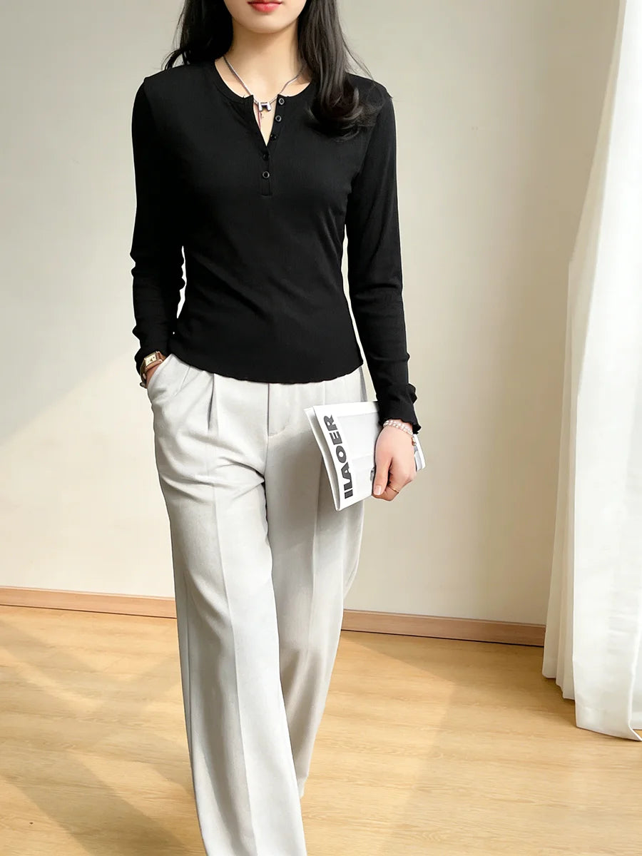 Women's T-Shirt Round Neck Long Sleeve Henley Button Ribbed Slim Tops Casual Tee Spring Summer Casual T-Shirt Daily Stretchy Top