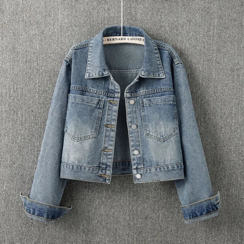 Retro Spring and Autumn New Denim Jacket for Women, Short, Simple and Casual Model, Retro Color Washed Texture Top Denim Jacket