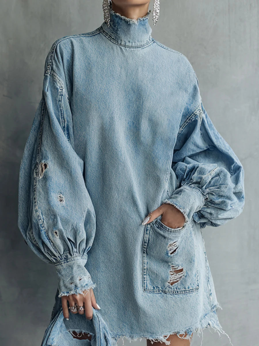 Vintage Blue Denim Mini Dress High Collar Lantern Sleeve Ripped Trimmings Long Sleeve Retro Chic Women's Fashion