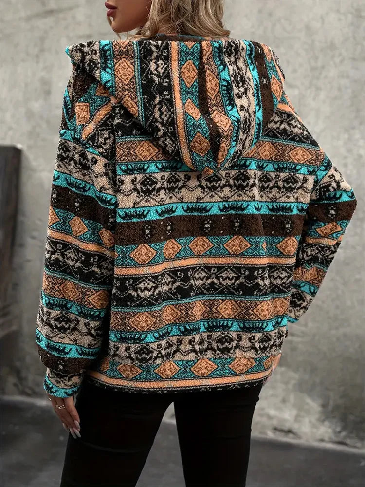 Women's Boho Ethnic Sherpa Hooded Jacket Retro Aztec Print Soft Fleece Lined Zip Up Fall Winter Streetwear Warm Outerwear