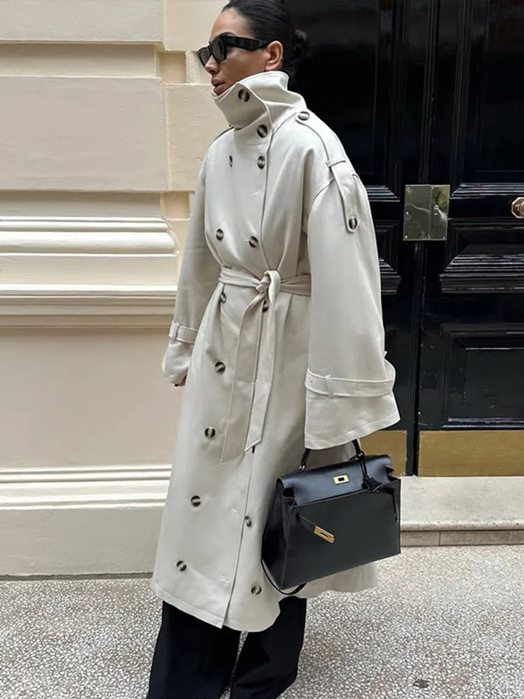 Women's Trench Coat Double Breasted Stand Collar Epaulet Lace Up Long Windbreaker Office Lady Autumn Winter Solid Slim Outerwear