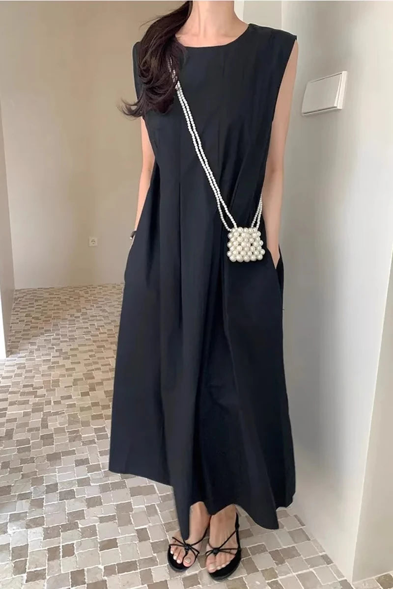 Chic round Ne Pleated Svel Women's Dr High Waist Slimming Midi Skirt Summer Faion Korean Sle Gown