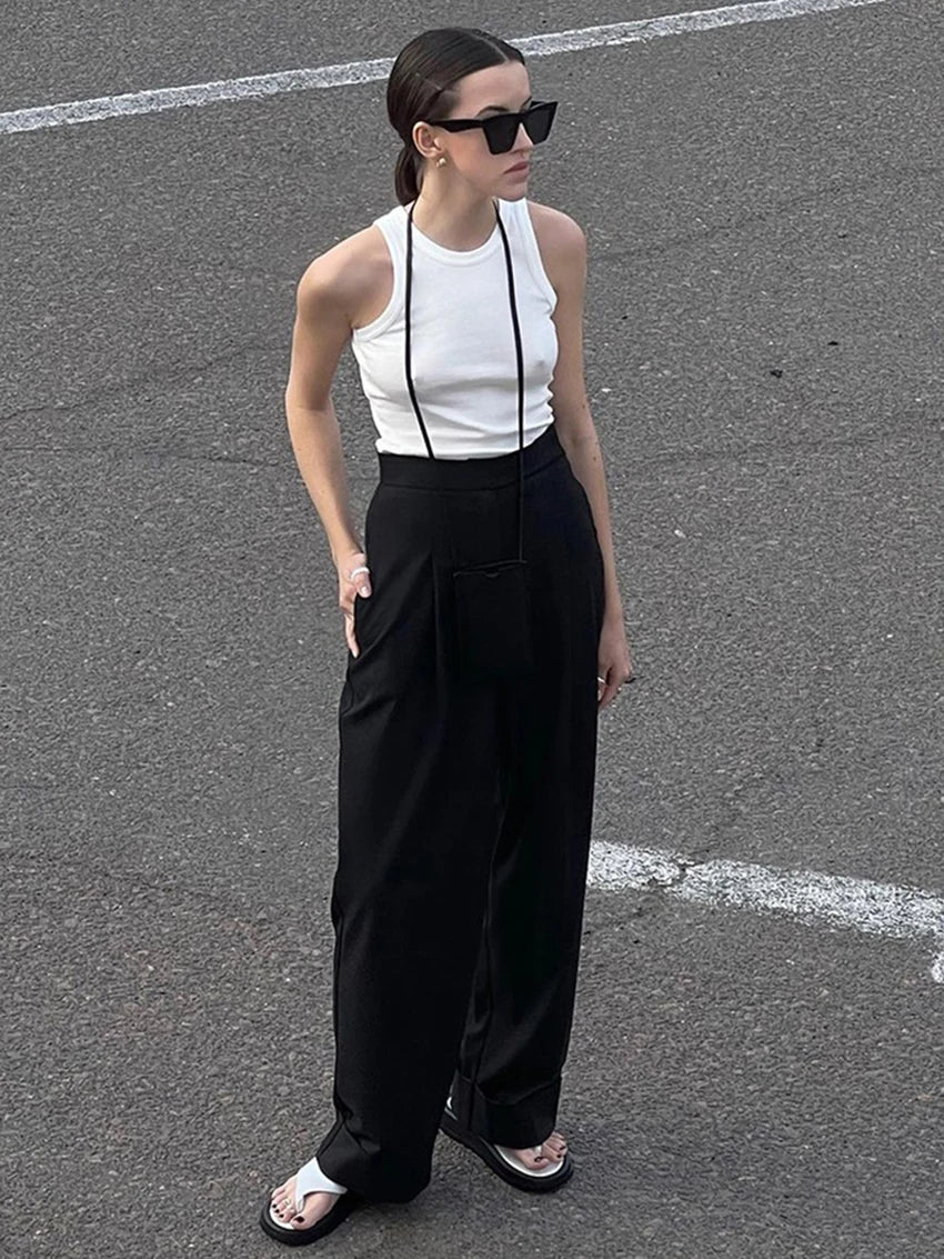 Parc Fee Fashion Loose Black Office Women's Pants 2025 Casual High Waist Wide Trousers Elegant Classic Full Length Pants Female