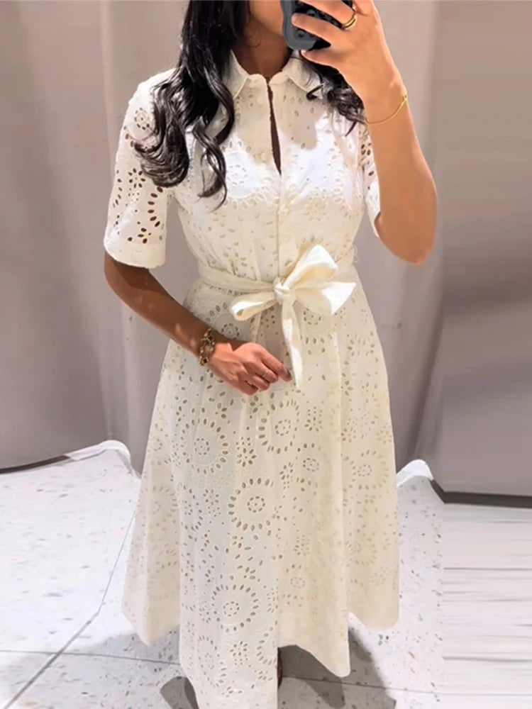 Elegant Embroidered Lapel Hollow Dress Women Fashionable Short Sleeve Belt High Waist Maxi Dresses Female Summer Chic Casual