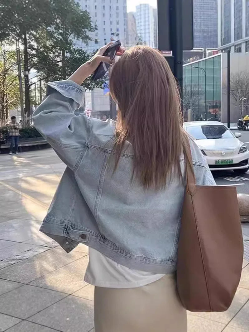 30/5000 Spring and Autumn Women Thin Korean Loose Short Long-sleeved Jacket European Washed Cotton Retro Denim Jacket for Women