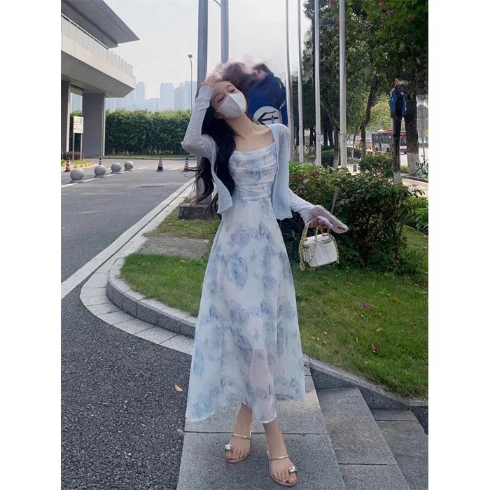 Summer Floral Print Chiffon ter Dr Set Women's Knitted Open Cardigan Outerwear Two-Piece Suit Korean Sle A-Line Skirt