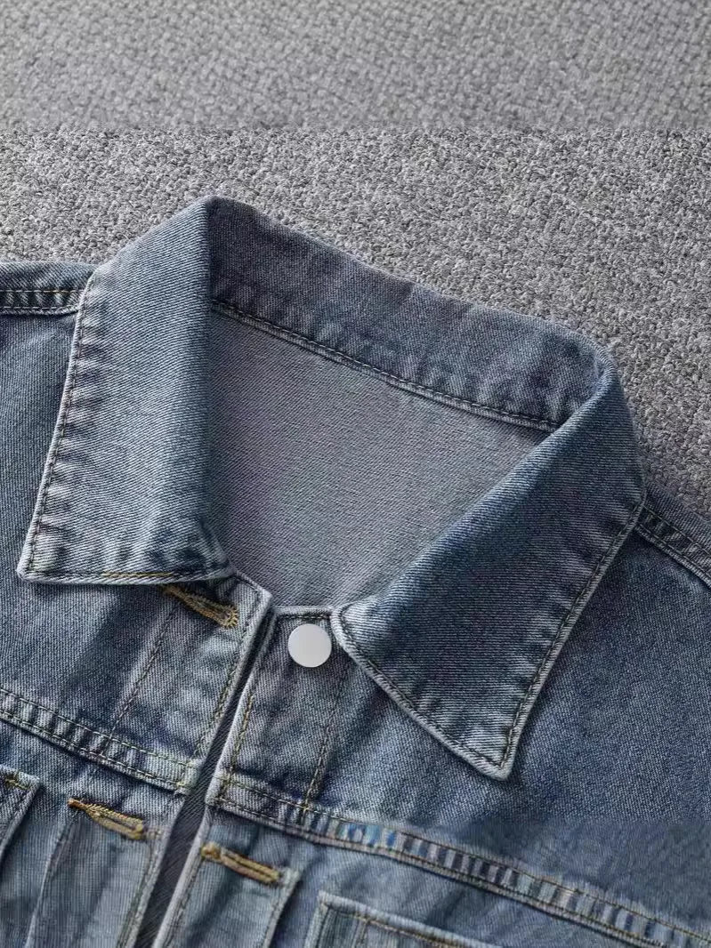 Retro Spring and Autumn New Denim Jacket for Women, Short, Simple and Casual Model, Retro Color Washed Texture Top Denim Jacket